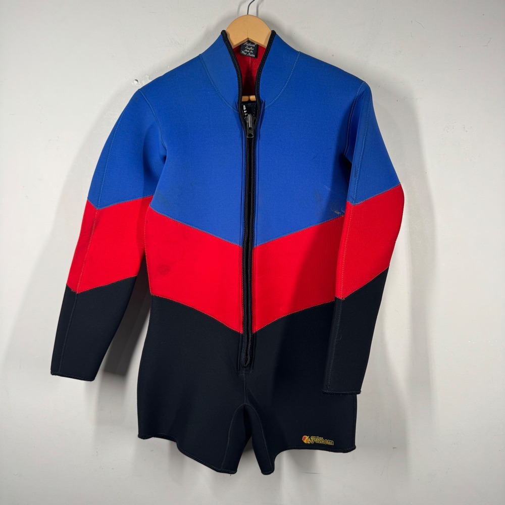 Fathom Seaflex Vintage Shorty Wetsuit Blue Red Black Colorblock Size ML